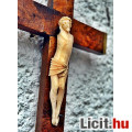 29. Antik, Elefántcsont Jézus Krisztus torzó 9.5 cm, keményfa kereszte