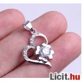 925 Sterling ezüst, fehér kristály szív medál lóherével